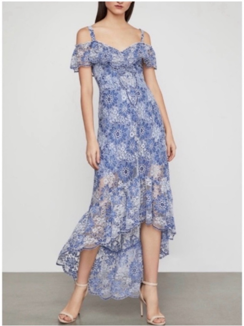 BCBGMaxAzria Blue “Debbie” Floral Lace Off-Shoulder High-Low Dress